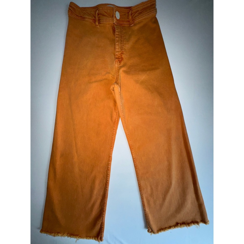 Zara The Marine Straight High Rise Jeans Orange Frayed Hem Size 10